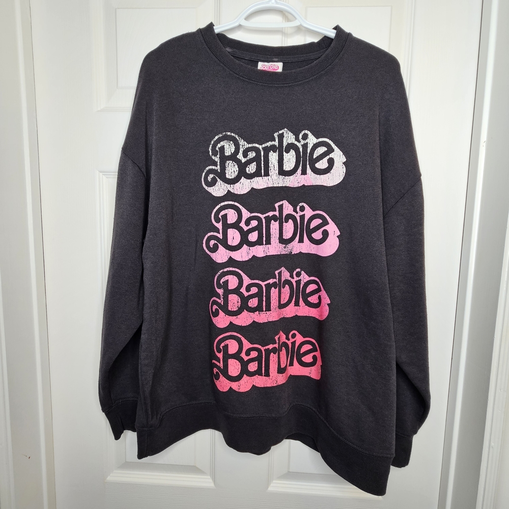 Barbie Women's Crewneck Sweatshirt Charcoal Gray Pink White Text Size XL